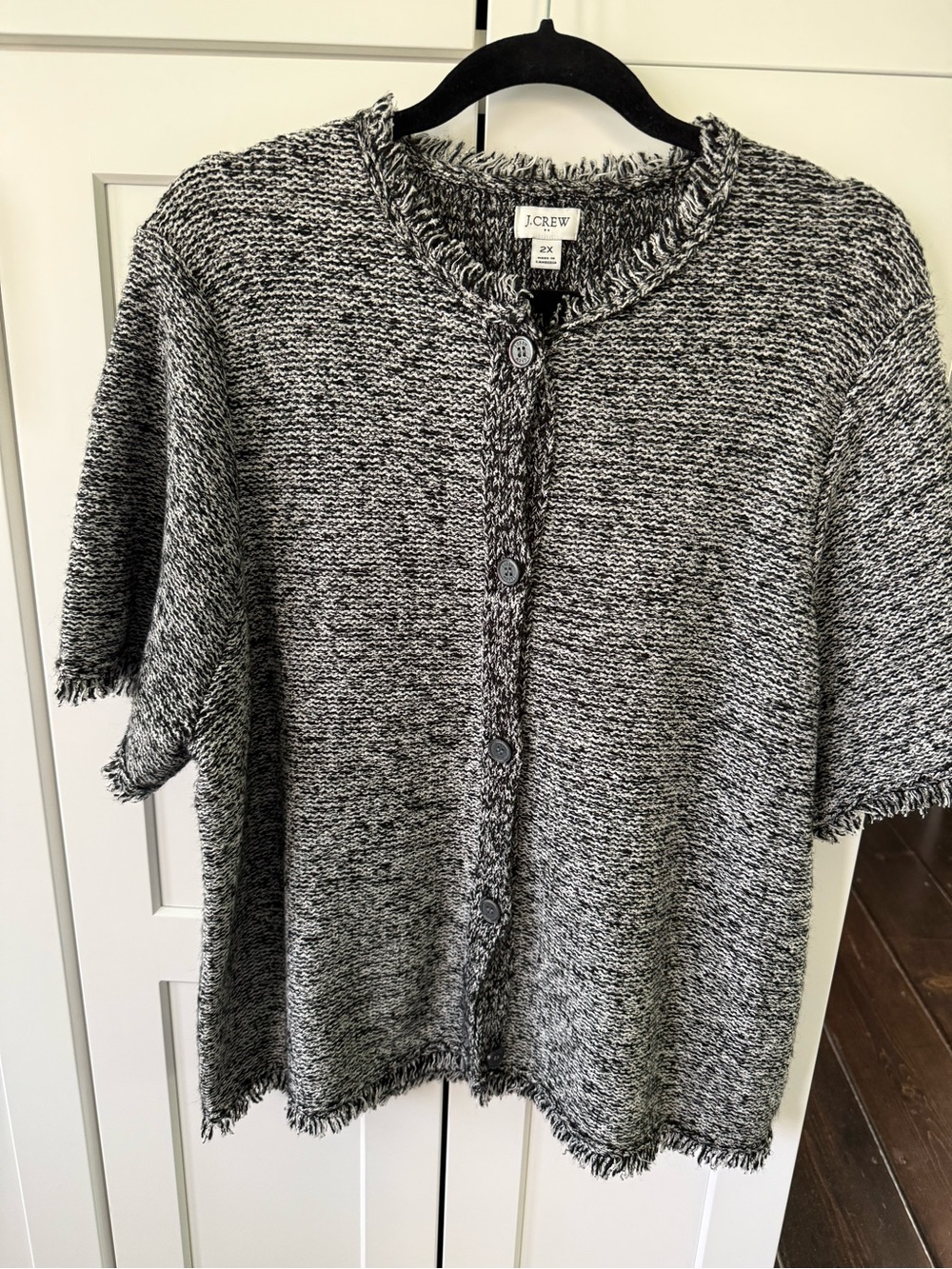 J. Crew Factory Black & White Marled Short-Sleeve Fringe Trim Cardigan
